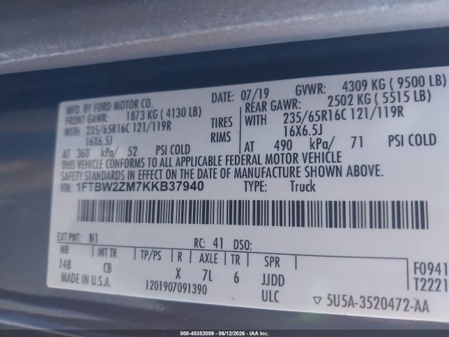 45352059 :رقم المزاد ، 1FTBW2ZM7KKB37940 vin ، 2019 Ford Transit-350 مزاد بيع