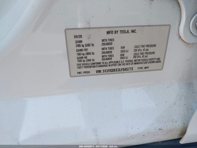 45352073 :رقم المزاد ، 5YJYGDEE3LF045773 vin ، 2020 Tesla Model Y Long Range Dual Motor All-wheel Drive مزاد بيع