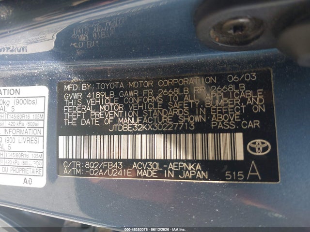 45352076 :رقم المزاد ، JTDBE32KX30227713 vin ، 2003 Toyota Camry Le مزاد بيع