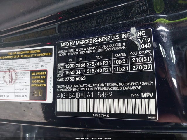Aukcja sprzedaży 2020 Mercedes-benz Gle 350, vin: 4JGFB4JB8LA115452, numer aukcji: 45352080