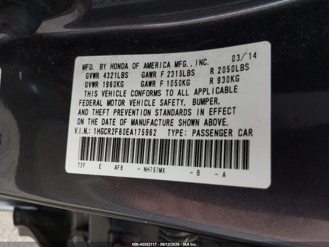 Продаж на аукціоні авто 2014 Honda Accord Ex-l, vin: 1HGCR2F80EA175962, номер лоту: 45352117