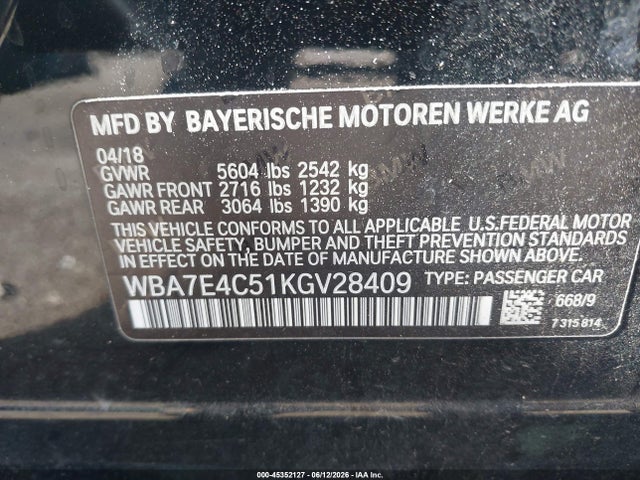 2019 Bmw 740i Xdrive მანქანა იყიდება აუქციონზე, vin: WBA7E4C51KGV28409, აუქციონის ნომერი: 45352127