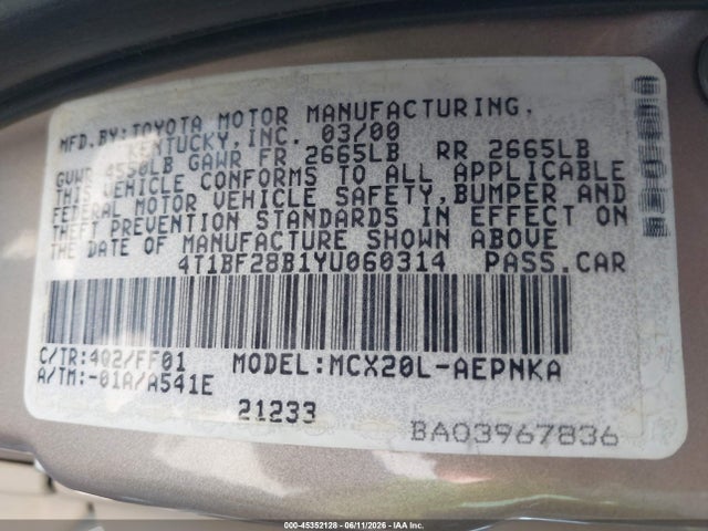 Aukcja sprzedaży 2000 Toyota Avalon Xl, vin: 4T1BF28B1YU060314, numer aukcji: 45352128