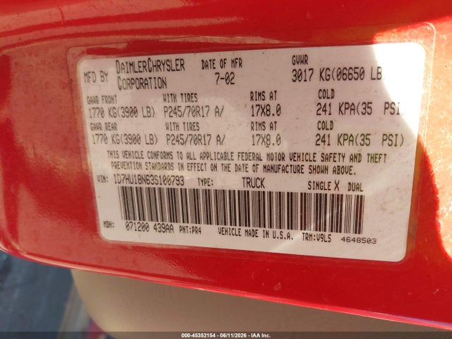 Auction sale of the 2003 Dodge Ram 1500 Slt/laramie/st, vin: 1D7HU18N63S100793, lot number: 45352154