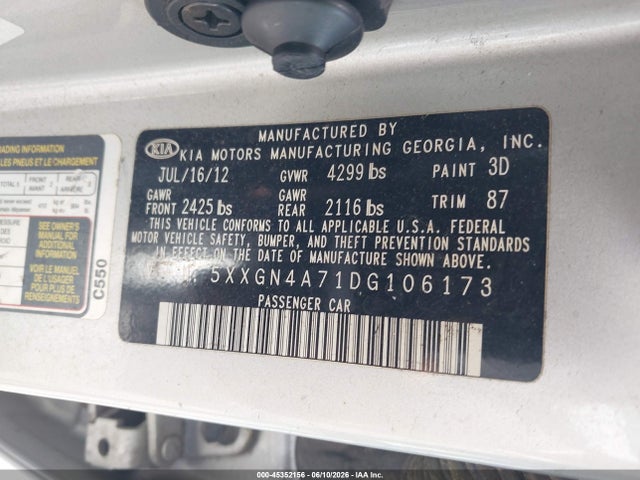 45352156 :رقم المزاد ، 5XXGN4A71DG106173 vin ، 2013 Kia Optima Ex مزاد بيع
