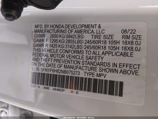 Aukcja sprzedaży 2022 Honda Pilot Awd Trailsport, vin: 5FNYF6H82NB075273, numer aukcji: 45352157