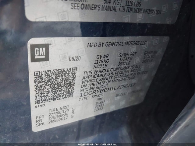 Aukcja sprzedaży 2020 Chevrolet Silverado 1500 4wd  Standard Bed Custom, vin: 1GCRYBEH1LZ286712, numer aukcji: 45352164