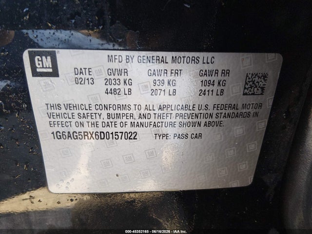 45352165 :رقم المزاد ، 1G6AG5RX6D0157022 vin ، 2013 Cadillac Ats Standard مزاد بيع