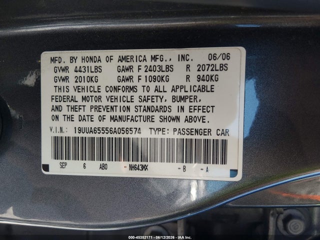 Aukcja sprzedaży 2006 Acura Tl, vin: 19UUA65556A056574, numer aukcji: 45352171