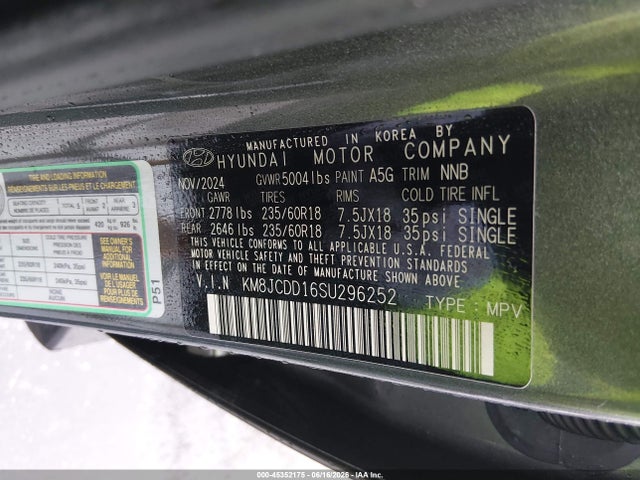 2025 Hyundai Tucson Hybrid Sel Convenience მანქანა იყიდება აუქციონზე, vin: KM8JCDD16SU296252, აუქციონის ნომერი: 45352175