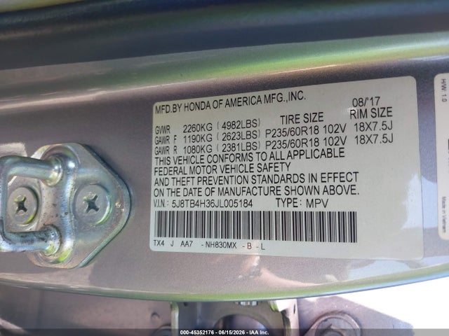 45352176 :رقم المزاد ، 5J8TB4H36JL005184 vin ، 2018 Acura Rdx Acurawatch Plus Package مزاد بيع