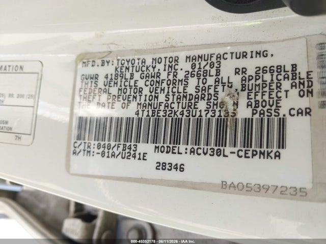 Продажа на аукционе авто 2003 Toyota Camry Le, vin: 4T1BE32K43U173135, номер лота: 45352178