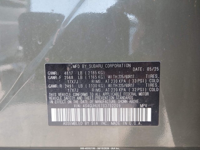 2025 Subaru Crosstrek Wilderness მანქანა იყიდება აუქციონზე, vin: 4S4GUHU67S3752209, აუქციონის ნომერი: 45352190
