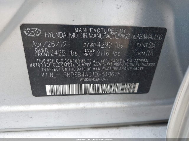 45352191 :رقم المزاد ، 5NPEB4AC1DH518675 vin ، 2013 Hyundai Sonata Gls مزاد بيع