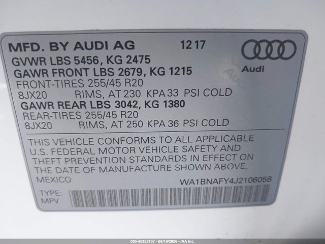 Продажа на аукционе авто 2018 Audi Q5 2.0t Premium/2.0t Tech Premium, vin: WA1BNAFY4J2106058, номер лота: 45352197