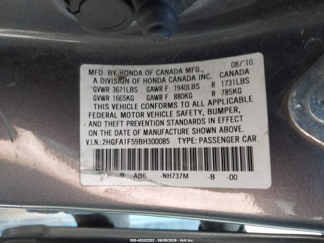 Продажа на аукционе авто 2011 Honda Civic Lx, vin: 2HGFA1F59BH300085, номер лота: 45352202