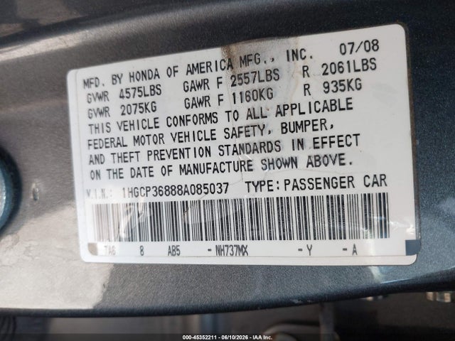 Продажа на аукционе авто 2008 Honda Accord 3.5 Ex-l, vin: 1HGCP36888A085037, номер лота: 45352211