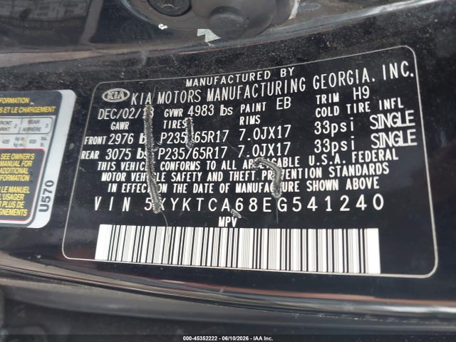 Aukcja sprzedaży 2014 Kia Sorento Lx, vin: 5XYKTCA68EG541240, numer aukcji: 45352222