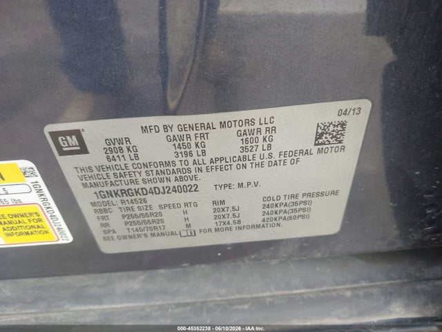 Auction sale of the 2013 Chevrolet Traverse 1lt, vin: 1GNKRGKD4DJ240022, lot number: 45352238