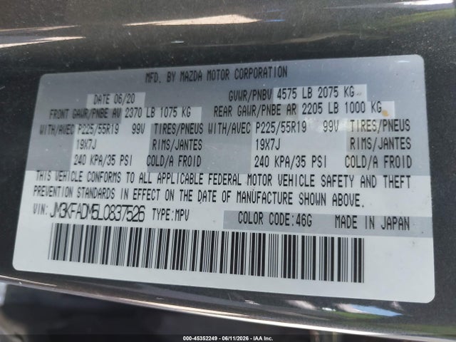 45352249 :رقم المزاد ، JM3KFADM5L0837526 vin ، 2020 Mazda Cx-5 Grand Touring مزاد بيع