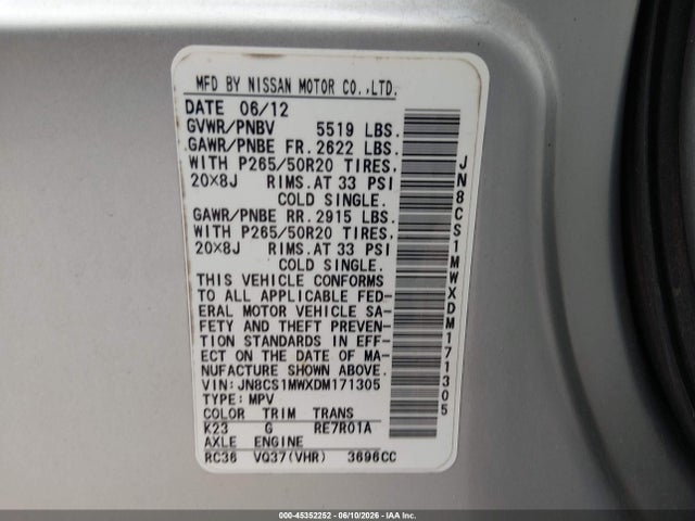 Продажа на аукционе авто 2013 Infiniti Fx37, vin: JN8CS1MWXDM171305, номер лота: 45352252