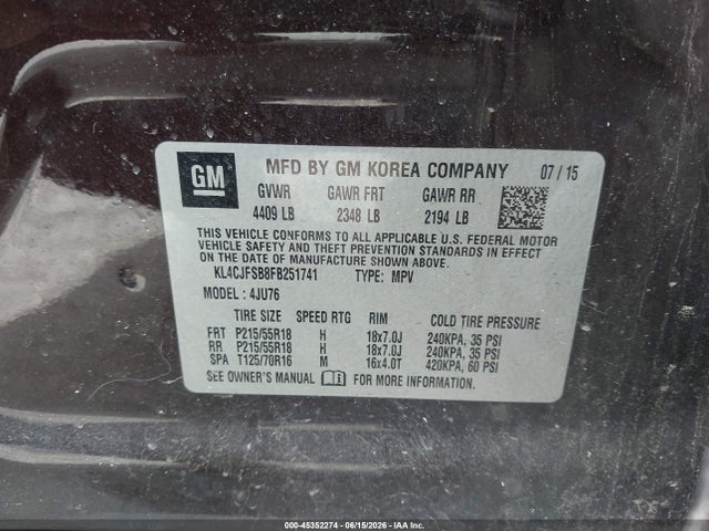 Продажа на аукционе авто 2015 Buick Encore Convenience, vin: KL4CJFSB8FB251741, номер лота: 45352274