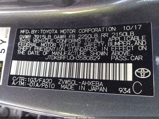 45352289 :رقم المزاد ، JTDKBRFU0H3580829 vin ، 2017 Toyota Prius Two مزاد بيع