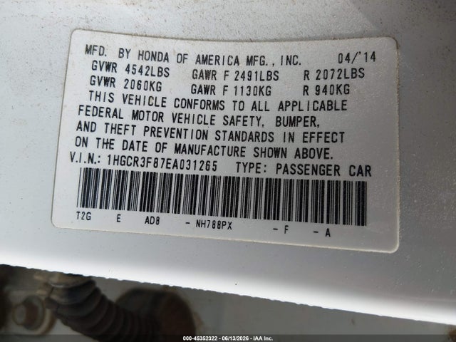 Honda Accord Ex-l V-6 2014 1HGCR3F87EA031265 Image 9