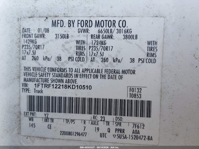 Aukcja sprzedaży 2008 Ford F-150 Stx/xl/xlt, vin: 1FTRF12218KD10510, numer aukcji: 45352327