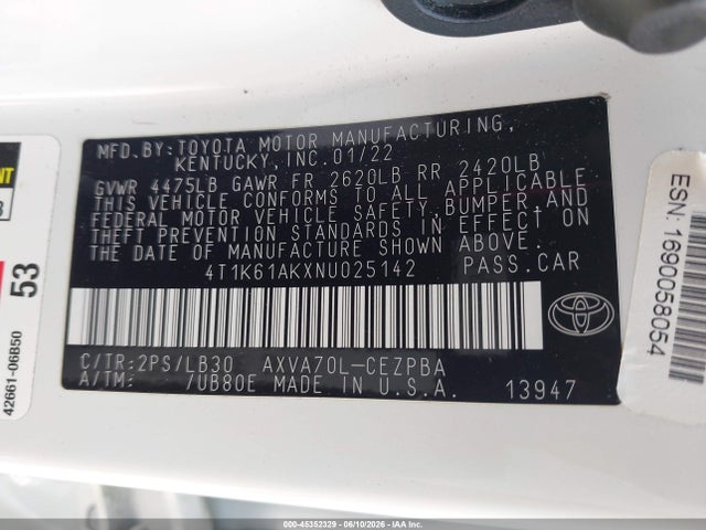 Продажа на аукционе авто 2022 Toyota Camry Xse, vin: 4T1K61AKXNU025142, номер лота: 45352329