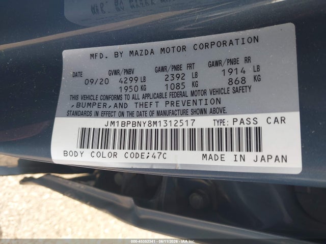 Aukcja sprzedaży 2021 Mazda Mazda3, vin: JM1BPBNY8M1312517, numer aukcji: 45352341