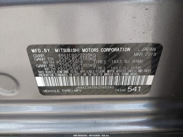 Aukcja sprzedaży 2019 Mitsubishi Outlander Se, vin: JA4AZ3A35KZ045240, numer aukcji: 45352342