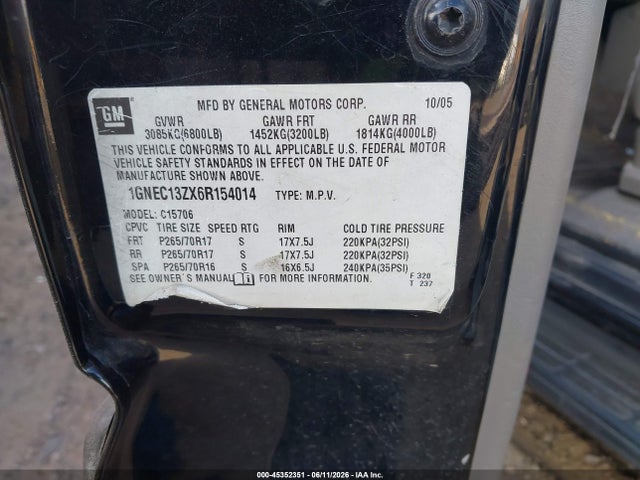 2006 Chevrolet Tahoe Lt მანქანა იყიდება აუქციონზე, vin: 1GNEC13ZX6R154014, აუქციონის ნომერი: 45352351