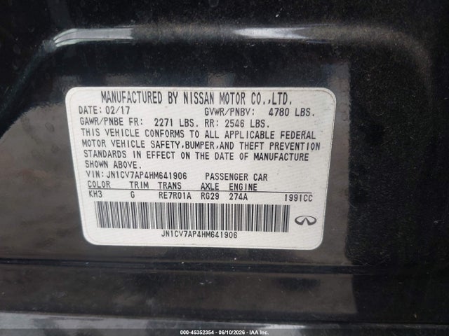 Aukcja sprzedaży 2017 Infiniti Q50 2.0t Base, vin: JN1CV7AP4HM641906, numer aukcji: 45352354