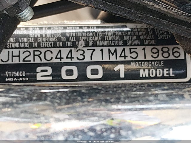 Aukcja sprzedaży 2001 Honda Vt750 Cd, vin: JH2RC44371M451986, numer aukcji: 45352359