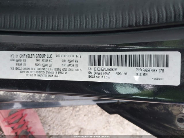 2013 Chrysler 200 Touring მანქანა იყიდება აუქციონზე, vin: 1C3CCBBB1DN699702, აუქციონის ნომერი: 45352368