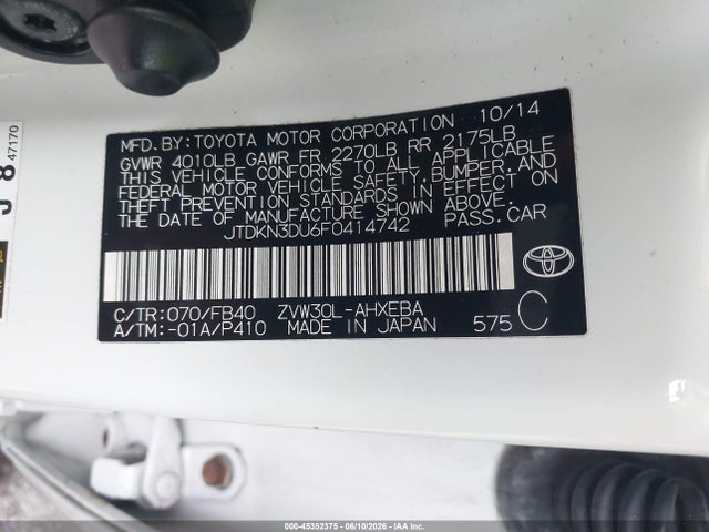 Aukcja sprzedaży 2015 Toyota Prius Two, vin: JTDKN3DU6F0414742, numer aukcji: 45352375