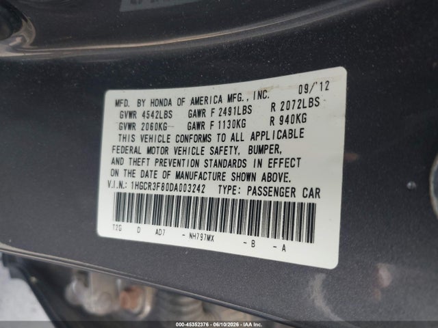 45352376 :رقم المزاد ، 1HGCR3F80DA003242 vin ، 2013 Honda Accord Ex-l V-6 مزاد بيع