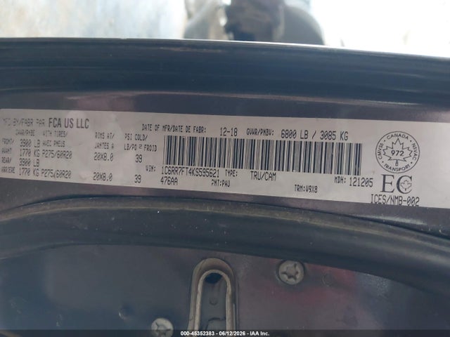 2019 Ram 1500 Classic St მანქანა იყიდება აუქციონზე, vin: 1C6RR7FT4KS595621, აუქციონის ნომერი: 45352383