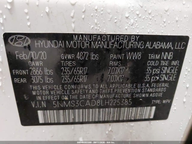 Продаж на аукціоні авто 2020 Hyundai Santa Fe Sel, vin: 5NMS3CAD8LH225385, номер лоту: 45352389