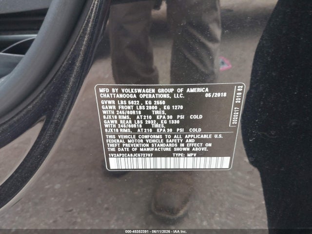 45352391 :رقم المزاد ، 1V2AP2CA8JC572707 vin ، 2018 Volkswagen Atlas 2.0t S مزاد بيع