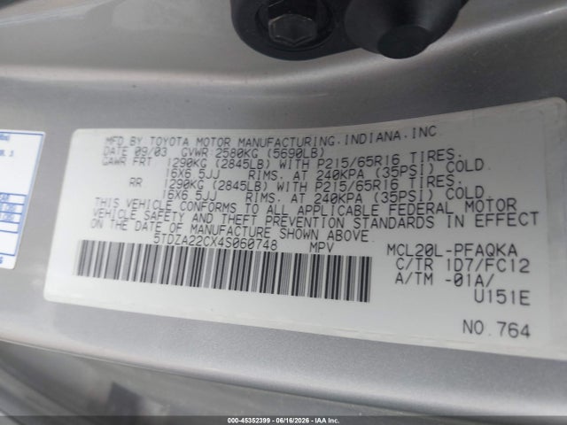Aukcja sprzedaży 2004 Toyota Sienna Xle, vin: 5TDZA22CX4S060748, numer aukcji: 45352399