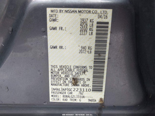 1N4AL3AP3GC223110 Nissan Altima 2.5 S