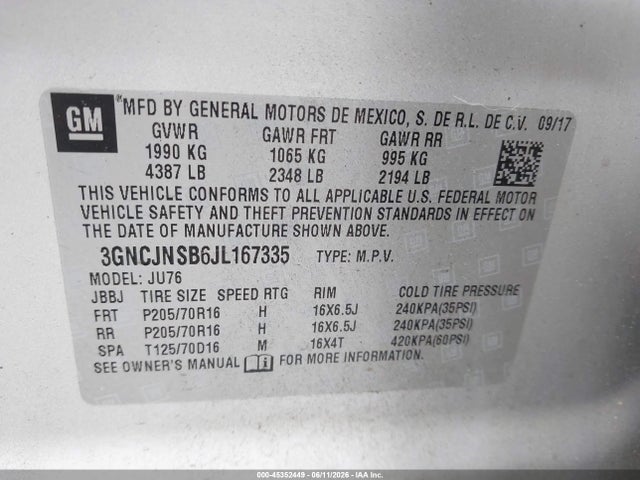 2018 Chevrolet Trax Ls მანქანა იყიდება აუქციონზე, vin: 3GNCJNSB6JL167335, აუქციონის ნომერი: 45352449