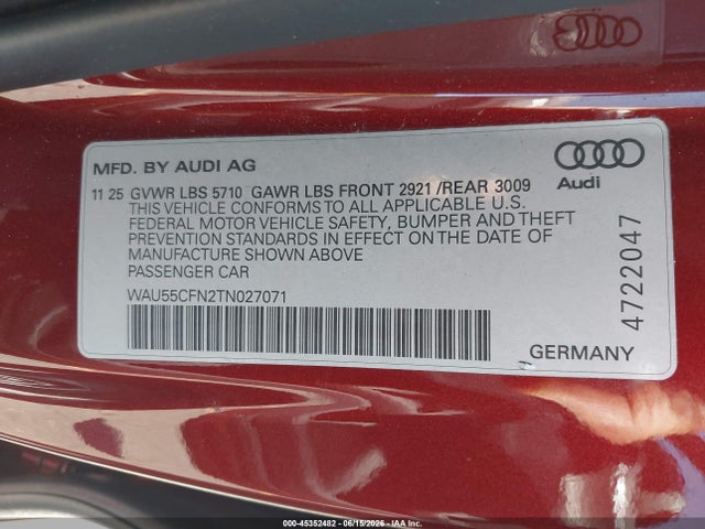 Продаж на аукціоні авто 2026 Audi A6 Premium Plus Quattro S Tronic, vin: WAU55CFN2TN027071, номер лоту: 45352482