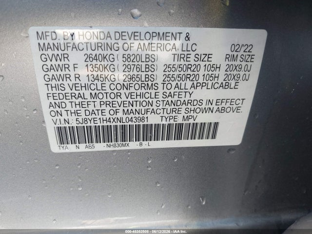 2022 Acura Mdx Technology Package მანქანა იყიდება აუქციონზე, vin: 5J8YE1H4XNL043981, აუქციონის ნომერი: 45352508