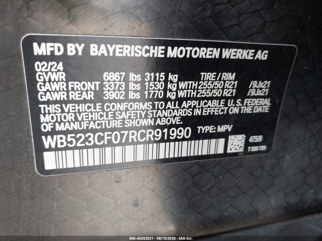 Продаж на аукціоні авто 2024 Bmw Ix Xdrive50, vin: WB523CF07RCR91990, номер лоту: 45352521