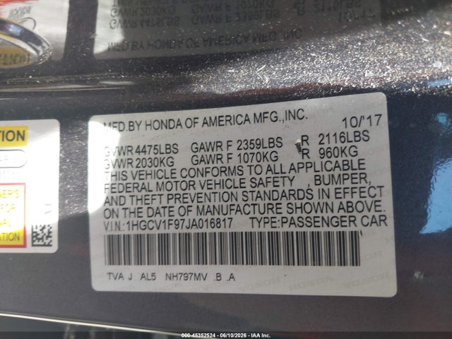 Honda Accord Touring 2018 1HGCV1F97JA016817 Image 9