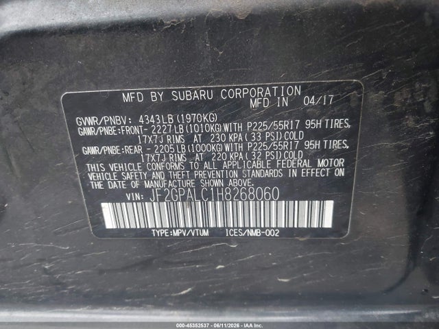 Aukcja sprzedaży 2017 Subaru Crosstrek 2.0i Limited, vin: JF2GPALC1H8268060, numer aukcji: 45352537