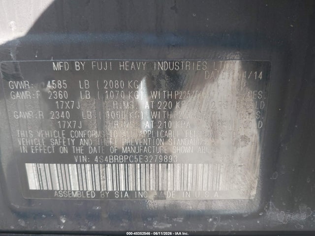 Subaru Outback 2.5i Limited 2014 4S4BRBPC5E3279893 Image 9